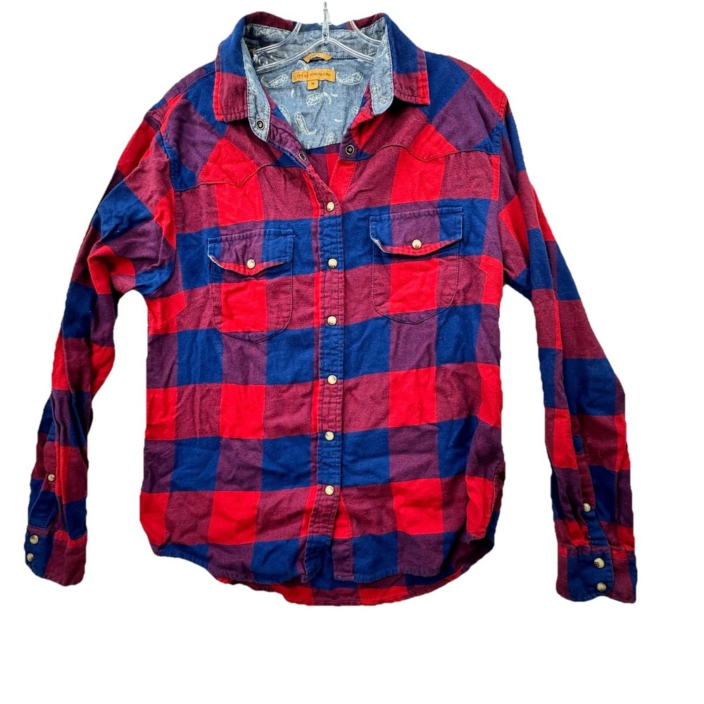 Jachs Girlfriend Western Pearl Snap Flannel Shirt Medium Bea Red Plaid Women's